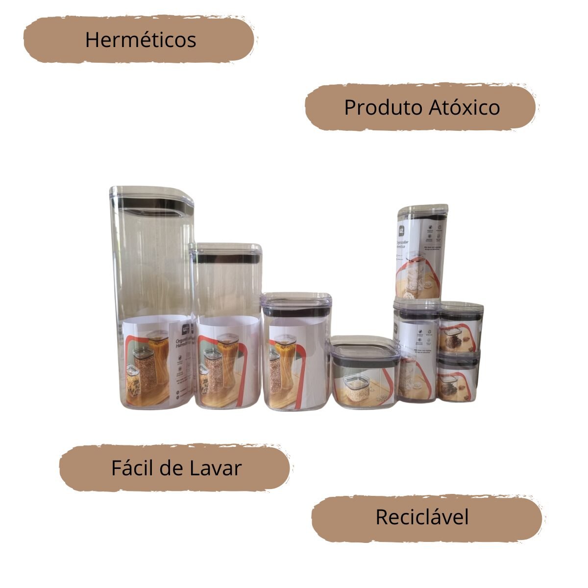 Kit 8 potes herméticos transparentes empilháveis Uz. - Imagem 2